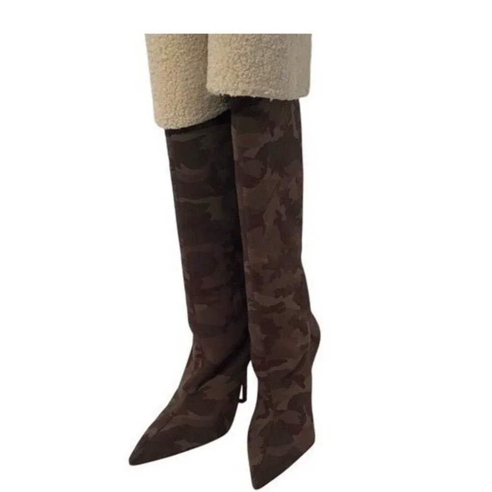 GOOD AMERICAN Camo Shearling‎ Lined Knee High Stiletto Boots Size 6.5